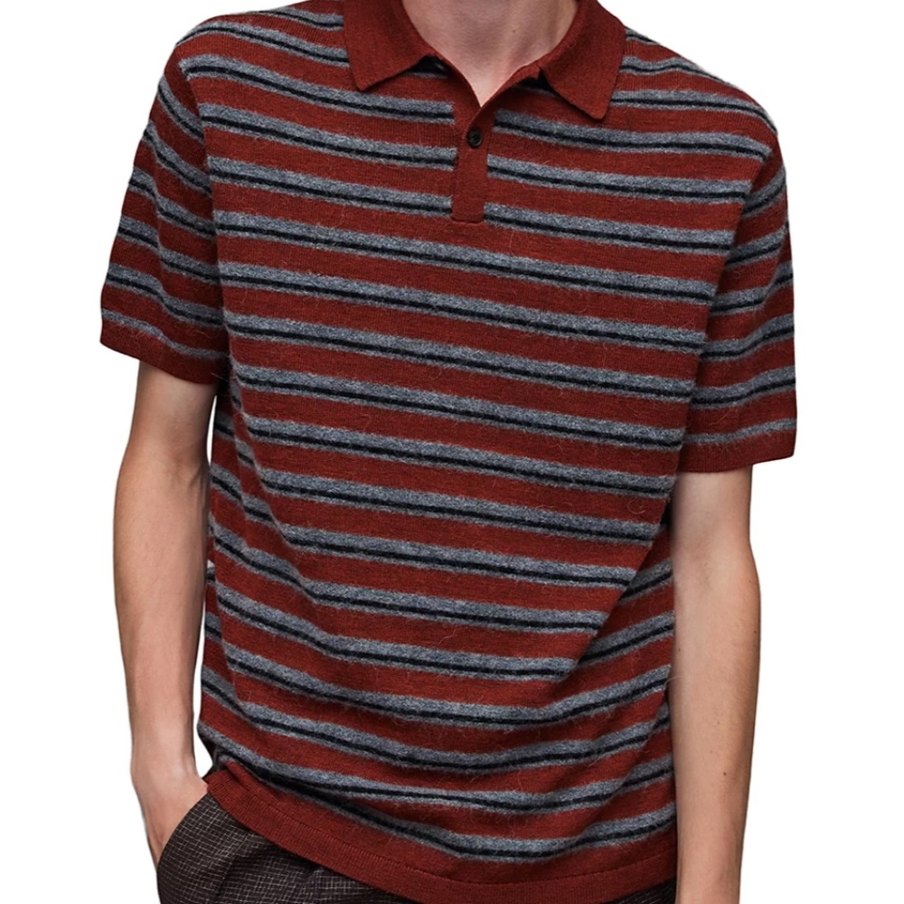 AllSaints Stafford Striped Short Sleeve Wool Blend Collared Polo Sweater XL